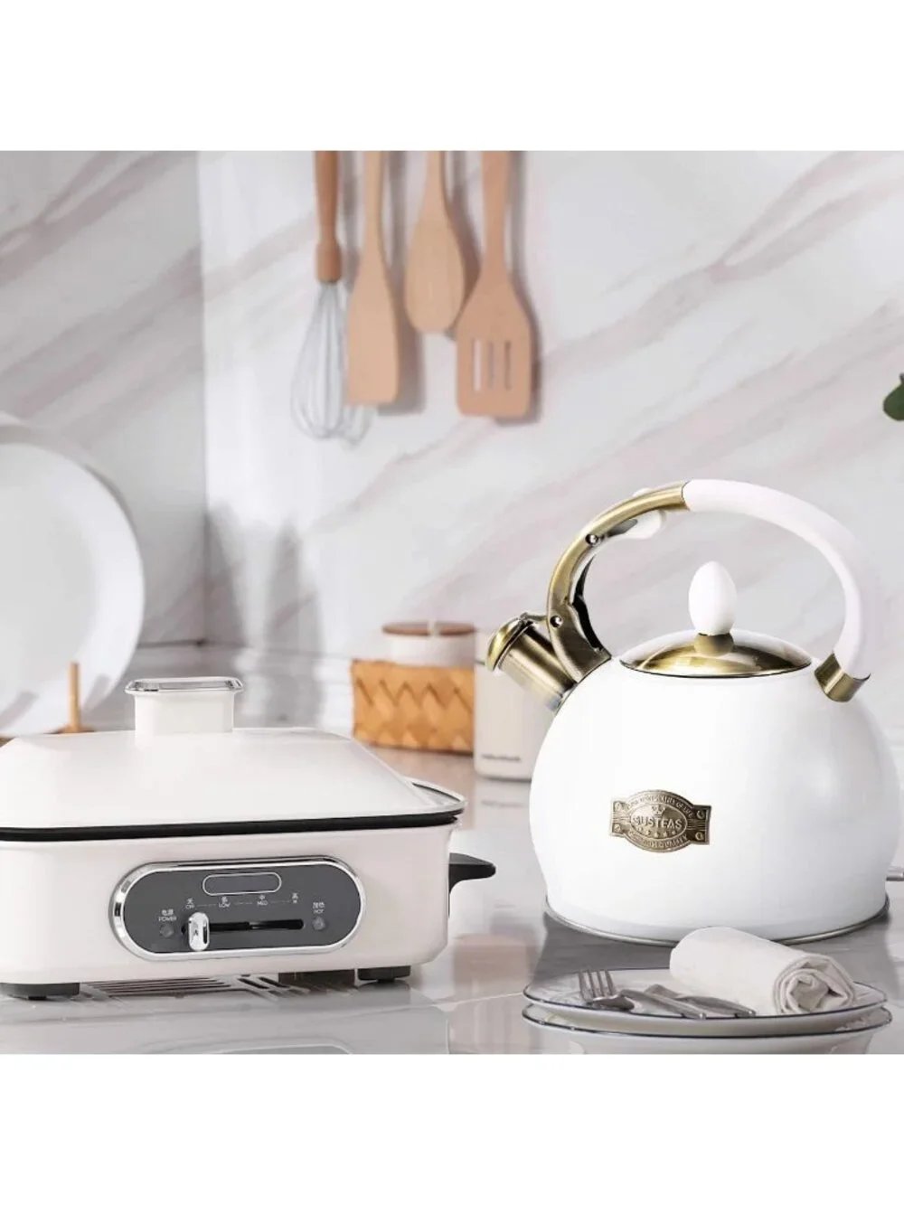 SUSTEAS Kitchen Whistling Tea Kettle 2.64Quart Stainless Steel Stove Top White